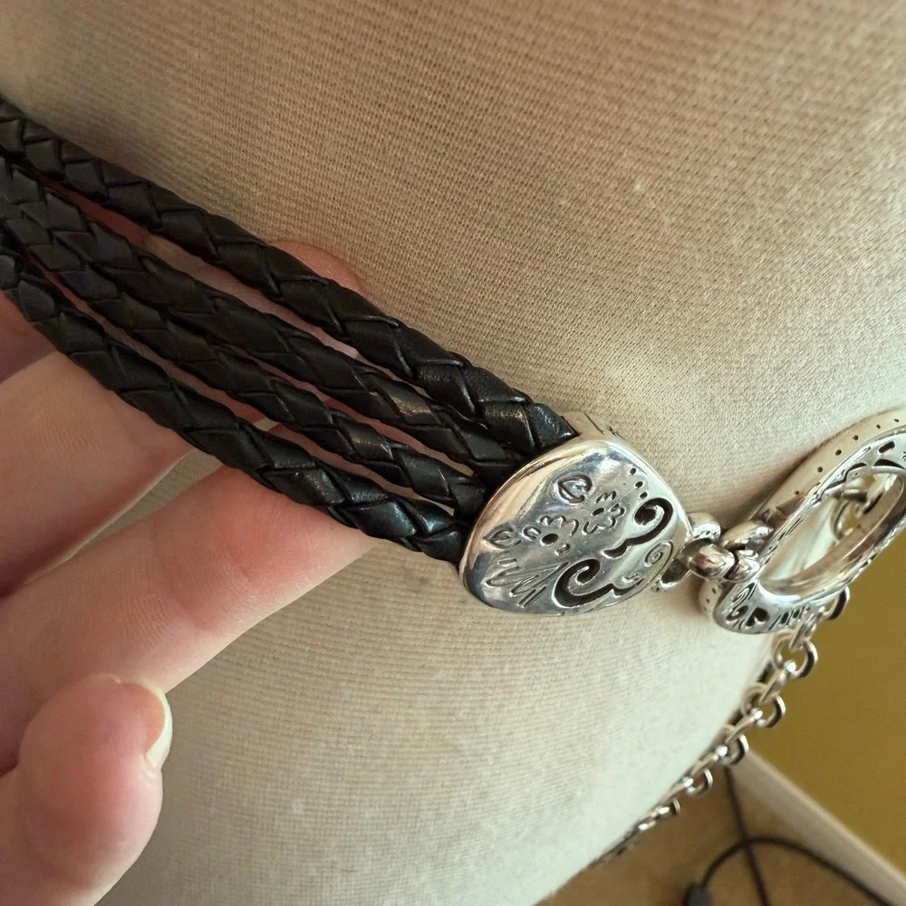 Brighton Braided Leather Silver Tone Chain Belt Size Medium Heart Medallion
